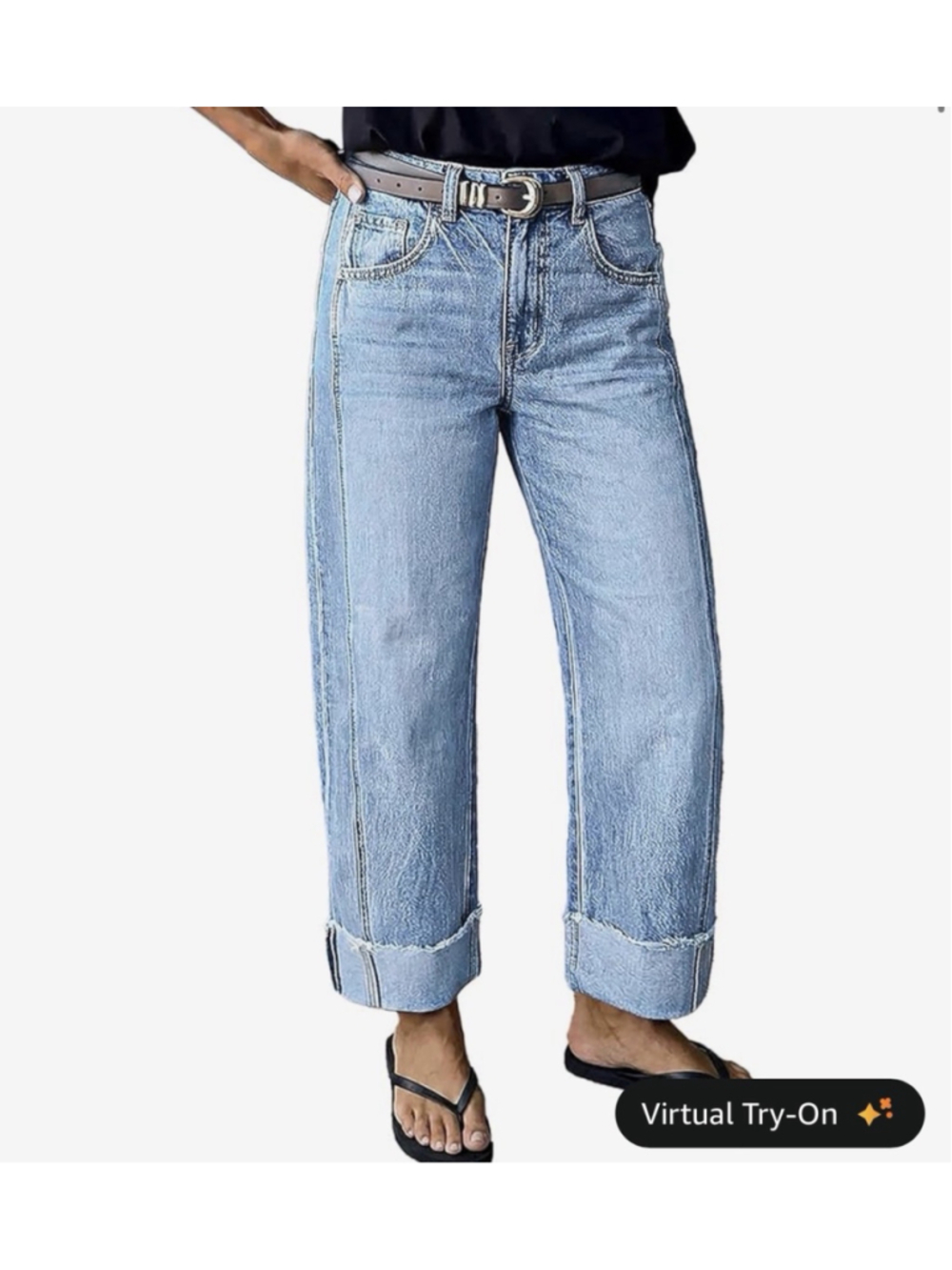 Flamingals Mid Rise Straight Leg Jeans for Women Wash Seam Front Roll Raw Hem L